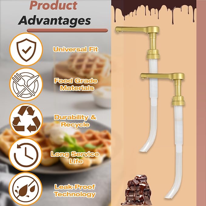 2-Pack Gold Sauce Pump Dispenser for 64 oz Bottles - Reusable 15CC Syrup Pump for Chocolate and Caramel Sauces - Sauce Pump Dispenser for Vanilla Mocha Sauces
