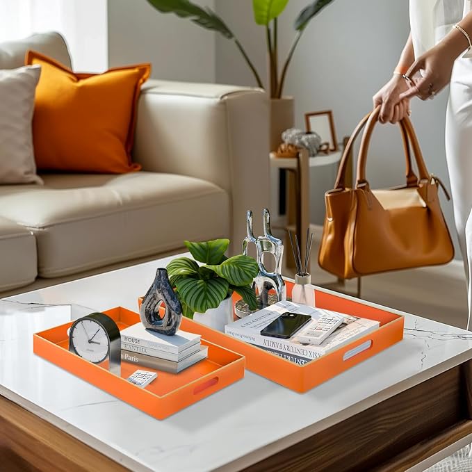MAONAME Orange Serving Tray with Handles, Plastic Decorative Tray Set of 2 | Decorative Tray for Coffee Table, Modern Ottoman Tray, Rectangle Melamine Tray for Living Room, 15.8"L x 10.2"W x 1.4"H - Image 4