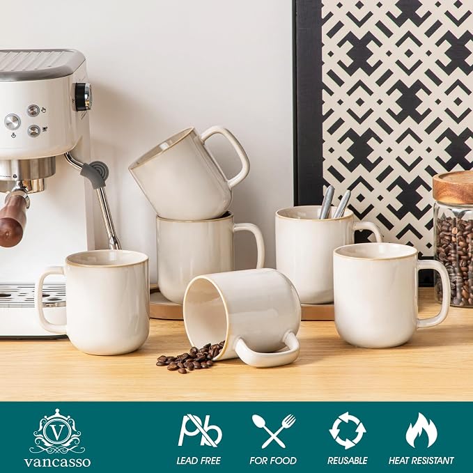 vancasso 16 oz Coffee Mugs Set of 6, Large Ceramic Mug with Handle, Unique Glaze Coffee Cups for Latte, Cappuccino & Hot Cocoa, Dishwasher & Microwave Safe, Beige, Series PLAYA - Image 3