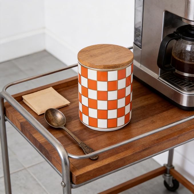Kitchen Countertop Ceramic Checkered Canisters,Black And White Food Storage Containers With Lid,Airtight Kitchen Canisters for Flour, Sugar, Coffee, Tea, and Dry Goods (Orange, Small) - Image 4
