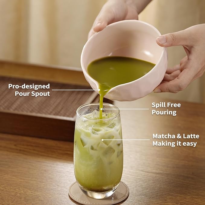 Matcha Whisk Set, 5 Pcs Matcha Kit with Ceramic Bowl (Chawan) with Spout, Bamboo Whisk, Scoop, Sifter, Holder & Tea Cloth – Japanese Matcha Tea Set for Ceremony, Latte & Gifting