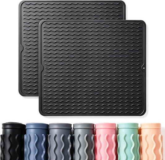 2 Pack Caketime Silicone Dish Drying Mat for Kitchen Counter Under Sink Protector Organizers Cooking Baking Espresso Machine Accessories Appliance Stone Rack Trays Drain Extra Large 18"*16" Black by CAKETIME