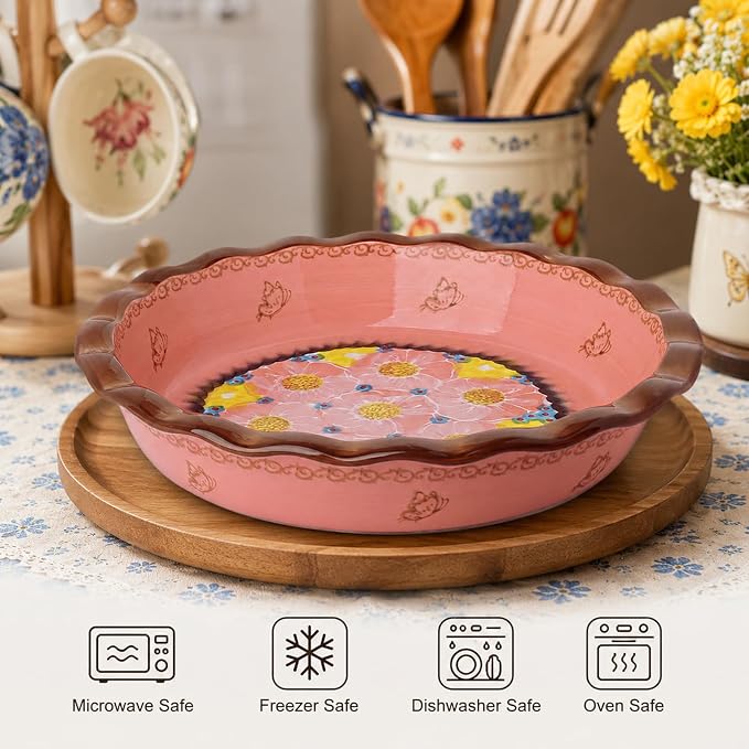 Ceramic Pie Pan for Baking, 10.6 in Hand-Painted Pie Plate for Cooking, 37 oz Deep Dish Pie Pans, Non-Stick Pie Dishes for Apple Pie, Tart, Pizza, Quiche, Oven & Dishwasher Safe, Lead-Free, Pink - Image 4