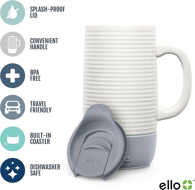 Ello Jane 18oz Ceramic Travel Mug with Handle, Splash-Resistant Slider Lid and Built-in Coaster, Perfect for Coffee and Tea, BPA Free, Dishwasher Safe, Holiday Gift Her Him, Gray (Pack of 12) - Image 2