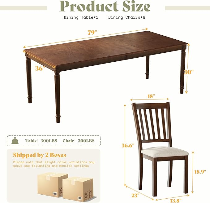 AMERLIFE 9 Piece Farmhouse Dining Set with 79" Rubberwood Table, Brown | 79" Rectangular Table, Solid Rubberwood Frame, Upholstered Chairs, Roman Conical Legs, Dark Brown Finish - Image 2