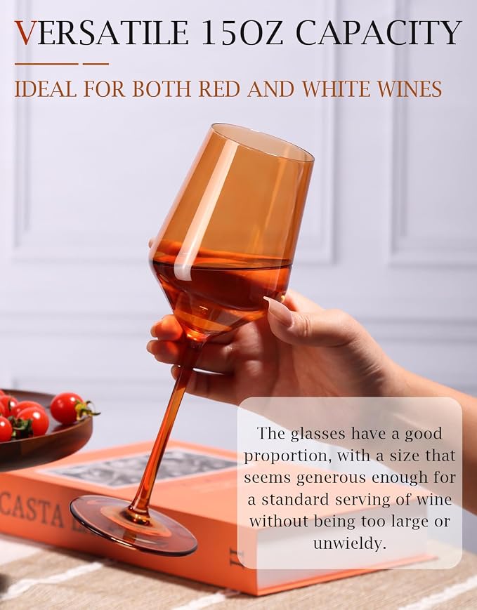 comfit Orange Wine Glasses Set of 6-15 oz, Unfading Color, Hand-blown Colored Wine Glasses - Orange Kitchen Accessories, Gifts for Wine Lovers, Wedding, Engagement, Valentines Day Gifts - Image 3