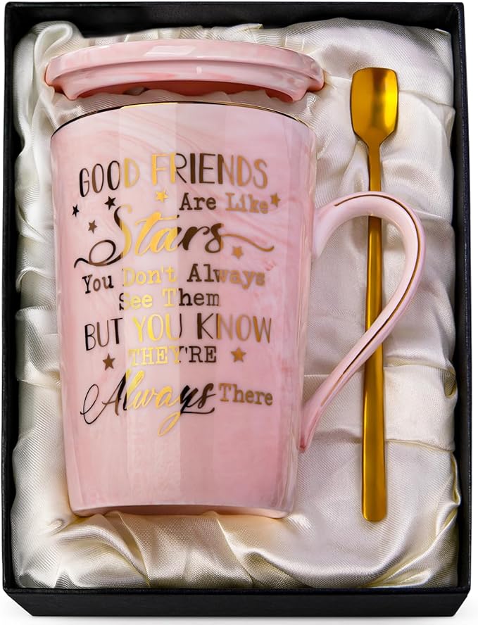 Best Friend Birthday Gifts for Women, Valentines Friendship Gifts for Women | Good Friends are Like Stars - Funny 14Oz Pink Ceramic Gold Print Mug, Presents for BFF, Sisters, Besties, Nice Gift Boxed by ALBISS