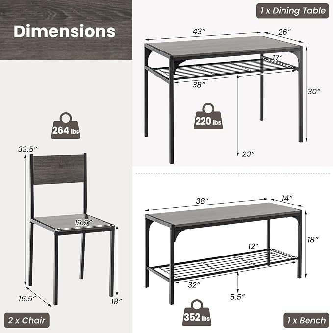 Giantex Dining Table Set for 4, Kitchen Table with Chairs & Bench, Storage Racks, Metal Frame, 4-Piece Space-Saving Dinette Set for Dining Room, Breakfast Nook, Small Space, Apartment, Grey - Image 7