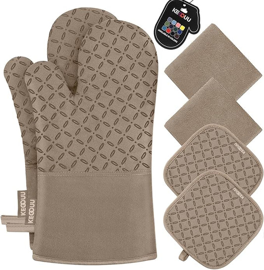 KEGOUU Oven Mitts and Pot Holders 6pcs Set, Kitchen Oven Glove High Heat Resistant 500 Degree Extra Long Oven Mitts and Potholder with Non-Slip Silicone Surface for Cooking (Khaki) by KEGOUUOvenMitt