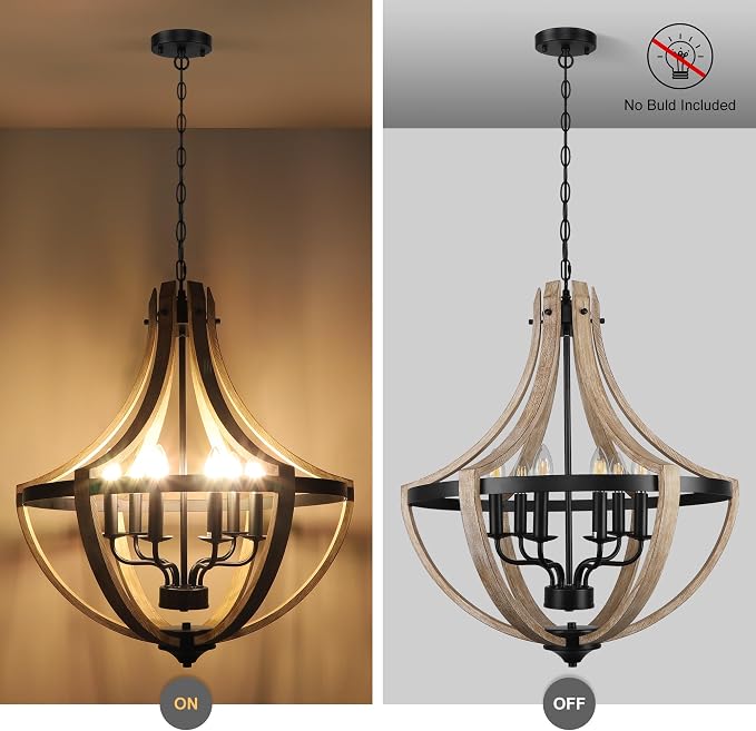 6-Light Large Rustic Farmhouse Dining Room Chandeliers, Adjustable Height Entryway Light Fixture, Hanging Wood Chandelier for Kitchen Island Foyer Stairwell Office - Image 5