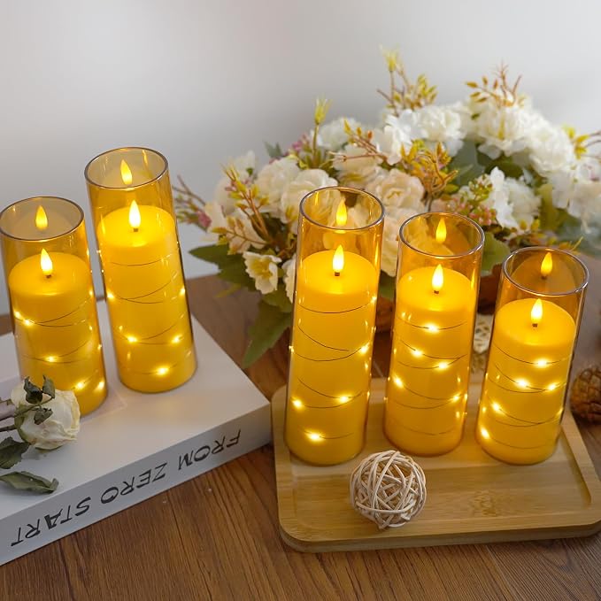 Flameless Candles,with Embedded Star String, Battery Operated Candles Flickering LED Pillar Candles with Remote Control and Timer, Home Decoration Add a Warm and Romantic Atmosphere，Set of 7 (Gold) - Image 4