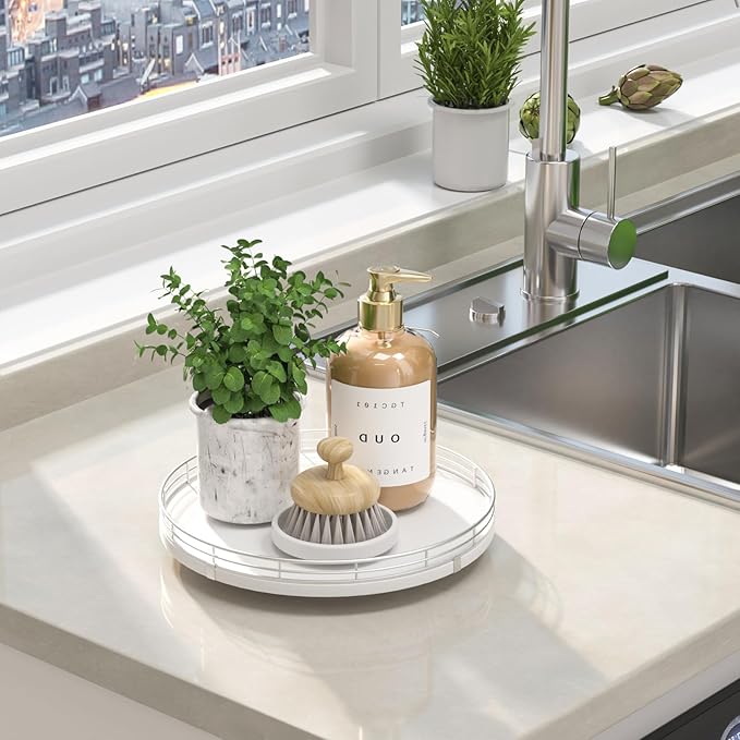 Oroyutor 10-Inch Oak Lazy Susan Vanity Tray with Silver Metal Rail | Rotating oak tray organizes spices, toiletries and decor on kitchen counters, bathroom vanities, dining and coffee tables. - Image 4