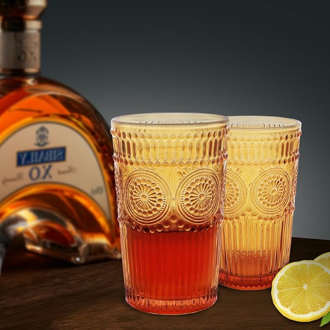 Loivttvv 6pcs Vintage Drinking Glasses Set, 12 oz Amber Highball Glasses, Embossed Ribbed Glassware Cups for Thanksgiving Cocktail, Juice, Whiskey - Image 5