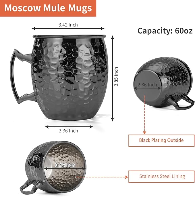 Amrules Moscow Mule Mugs, 16 OZ Black Hammered Mule Cup with 304 Stainless Steel Lining and Brass Handle, for Cold Drinks, Beer, Wine, Bars, Parties - Image 3