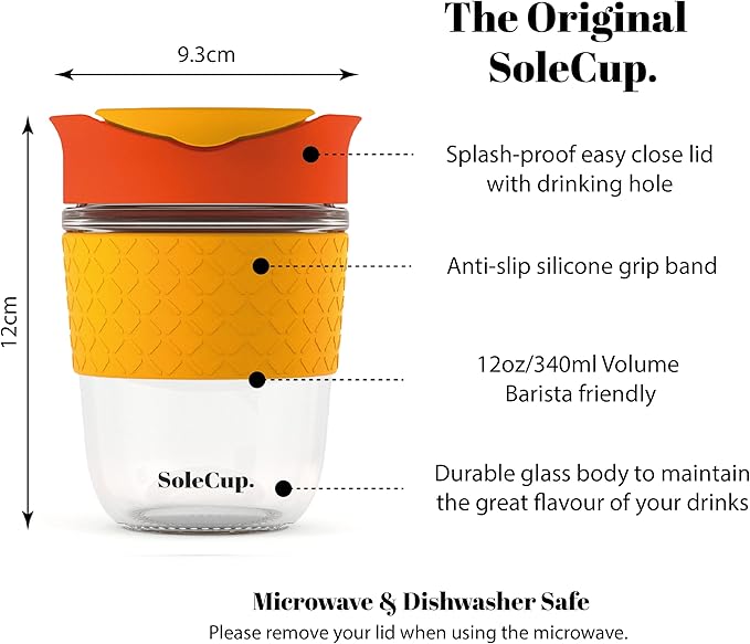 Reusable Strengthened Glass Travel Cup - Spill Proof Insulated Coffee Mug - 12oz/340ml BPA-Free Hot Drink Travel Mug with Lid & Silicone Band (Red, 12oz)