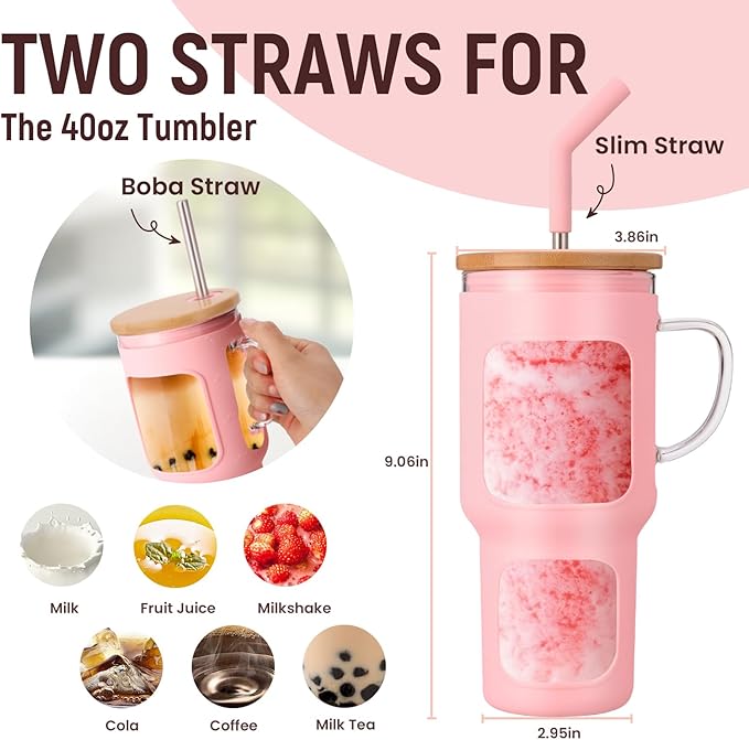 COMOOO 40oz Glass Tumbler with Bamboo Lid and Straw, Glass Water Cup with Handle, Iced Coffee Drinking Cup with Silicone Sleeve, Glass Water Bottle Dishwasher Safe, Cup Holder Friendly, Pink