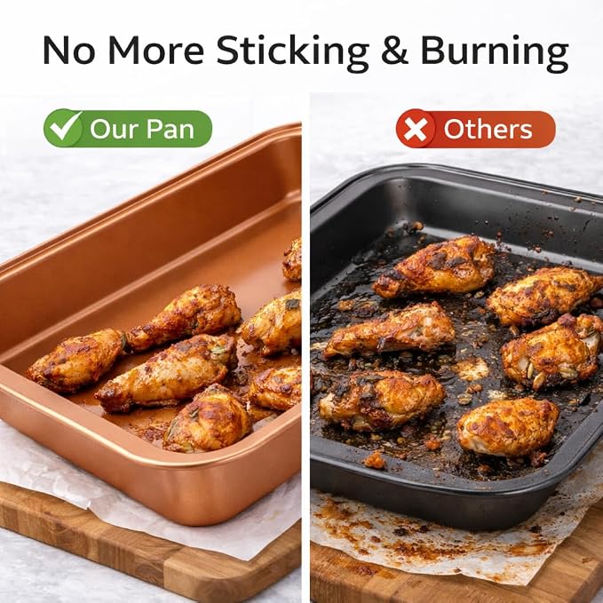 Copper Nonstick Cookie Sheet Baking Pan, Large Rectangular Bakeware Tray with Easy-Grip Rim, Durable Baking Sheet for Cookies, Roasting Vegetables, Pastries & More - Image 3