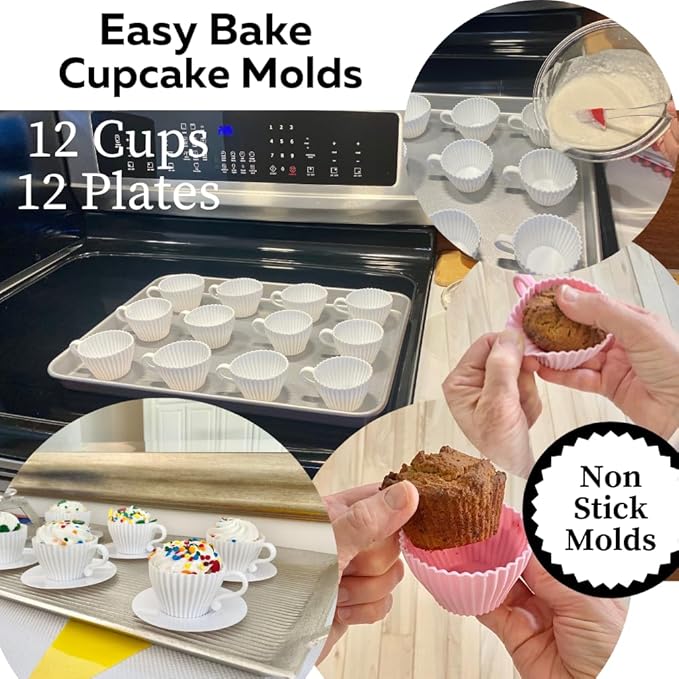 Evelots Baking Cupcake Molds - Silicone Teacup Set - 24 Pc Set - Oven-Safe - Nonstick - Muffin Cups for Bridal/Baby Shower, Birthday/Tea Party - 12 Cups & 12 Saucers - BPA Free