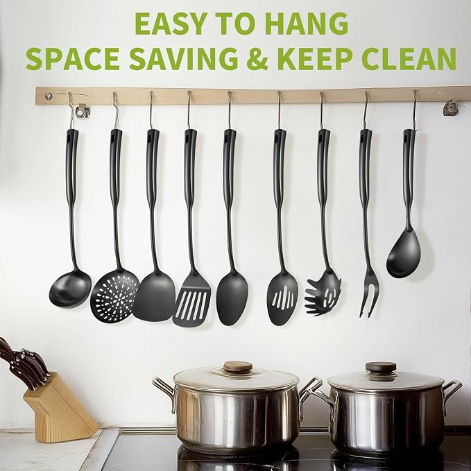 304 Stainless Steel Kitchen Cooking Utensils Set - 9 PCS Serving Utensils, Include Skimmer, Soup Ladle, Spaghetti Server, Wok Spatula, Slotted & Solid Spoon, Slotted Spatula Turner, Meat Fork (Black） - Image 2