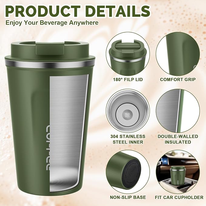 MOMSIV 12oz Travel Mug, Insulated Coffee Cup with Leakproof Lid, Vacuum Stainless Steel Double Walled Reusable Tumbler for Hot and Cold Water Coffee and Tea In Travel and Car Armygreen | 6-Hour Heat Retention, 360°Leak proof, Vacuum Stainless Steel Dou... - Image 3