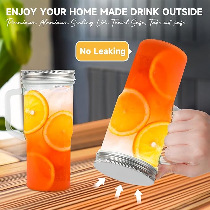 MCleanPin Glass Cups with Bamboo Lids and Straws,24oz Glass Tumbler with Handles,2Pack Mason Jar with Lids and Straw Wide Mouth, Reusable Smoothies Cups, Iced Coffee Cups, Drinking Jars Travel Mugs