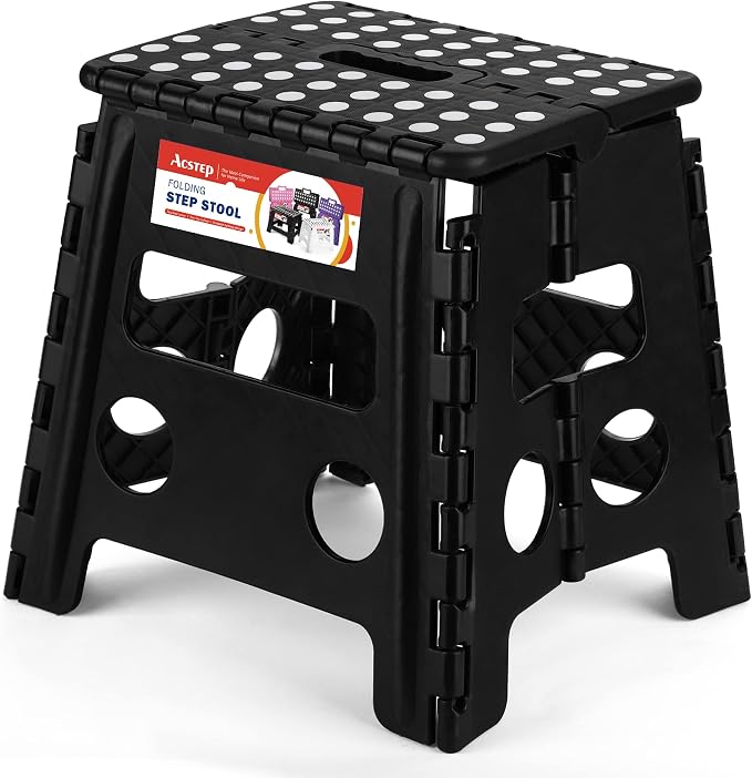 ACSTEP 13 Inch Folding Step Stool, Non-Slip Surface for Adults/Kids, Black | Collapsible Heavy Duty Foldable Stools, Portable Foot Stepping Stool Holds 300 lb, Kitchen Bathroom Outdoor, with Handle by ACSTEP