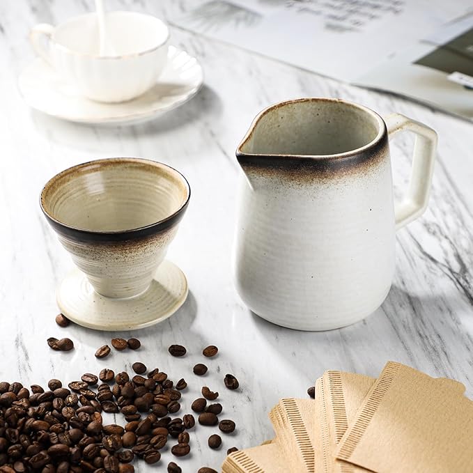 Pour Over Coffee Maker, Ceramic Coffee Dripper 20oz/620ml, with 50 pcs V60 Paper Filter, Drip Coffee Brewer, Vintage-Style (white, 1)