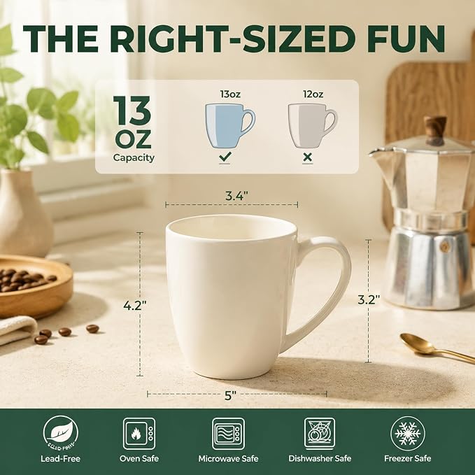 White Porcelain Coffee Mugs Set of 6, 13 Ounce Coffee Cups with Handle, Ceramic Tea Mugs for Latte, Hot Tea, Cappuccino, Mocha, Cocoa, Mug Gift Set, Dishwasher and Microwave Safe - Image 2