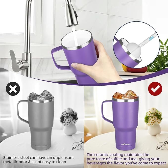 20 oz Insulated Coffee Mug with Ceramic Coating, Stainless Steel Travel Mug Tumbler with Handle Lid and Straw, Double Wall Leak-Proof Coffee Travel Mug Keeps Drink Hot and Cold (Purple) - Image 5