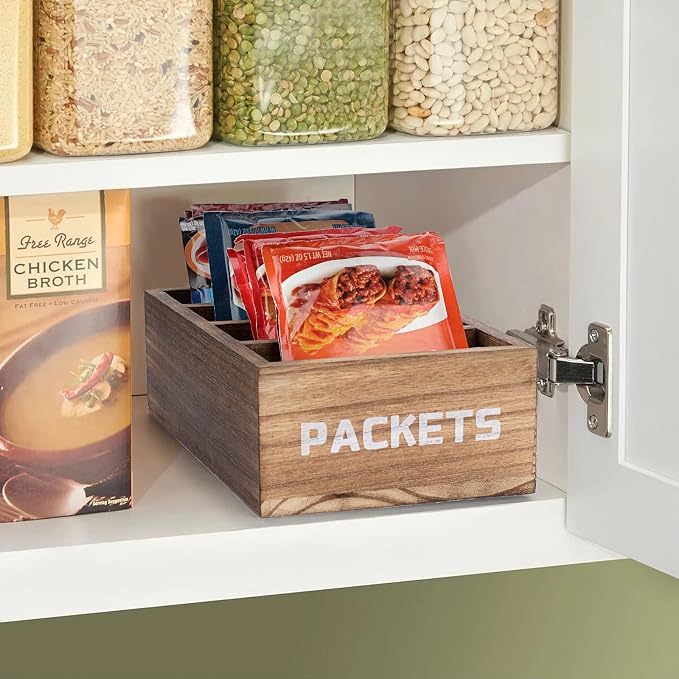 BSTKEY Seasoning Packet Organizer, Food Packet Storage Organizer with 4 Compartments, Wooden Storage Caddy for Kitchen Pantry Cabinet, Farmhouse Kitchen Organization Bin for Snacks Spice Packets - Image 4