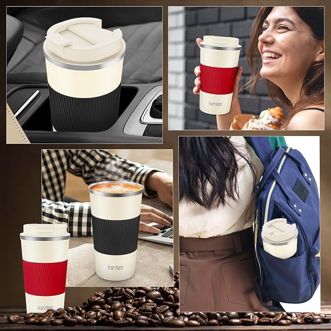 KETIEE 12oz Travel Mug: Vacuum Insulated Coffee Cup with Leakproof Lid, Travel Coffee Mug Stainless Steel Double Walled Reusable Coffee Cup for Hot and Cold Water Tea (Beige) - Image 6