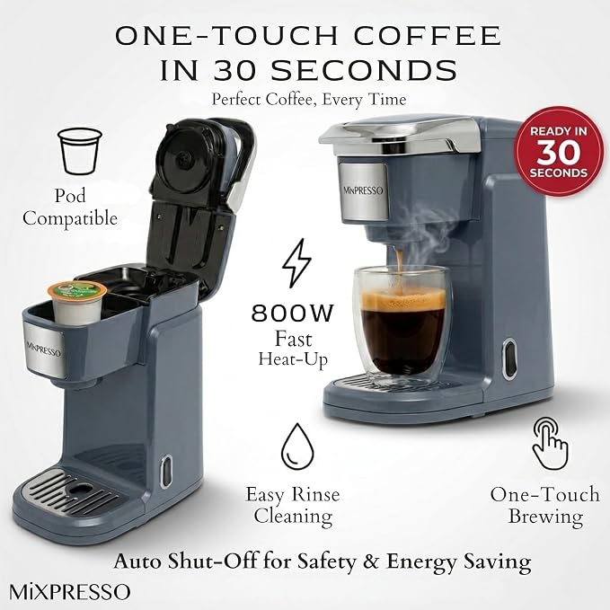 Mixpresso Single Serve Coffee Maker K Cup Coffee Maker for K Pods & Grounds | Compact 800W Gray Coffee Machine with 12 Oz Water Tank, Fast Brew & Auto Shut-Off, Small Design for Travel, Office, RV & Dorm - Image 5