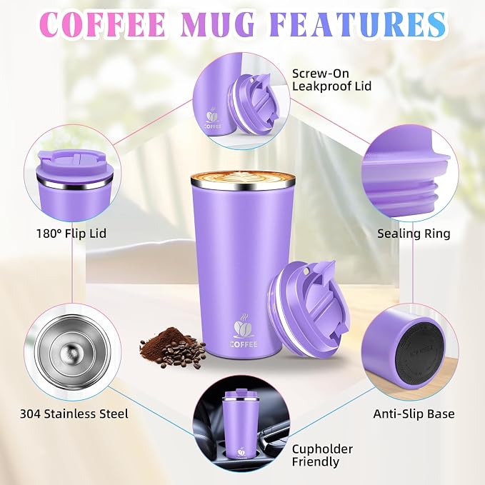 17oz Insulated Travel Coffee Mug with Flip Lid – Leakproof Stainless Steel Insulated Coffee Tumblers, Reusable Coffee Cup for Hot & Cold Drinks, Perfect for Camping & On-the-Go - Image 6