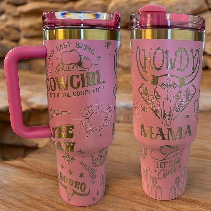 Tumbler, 40oz Tumbler, Western Tumbler, Engraved Cup with Handle, Cute Coffee Mug, 40oz Coffee Mug (Baby pink/Gold(28)-Howdy mama(E9))
