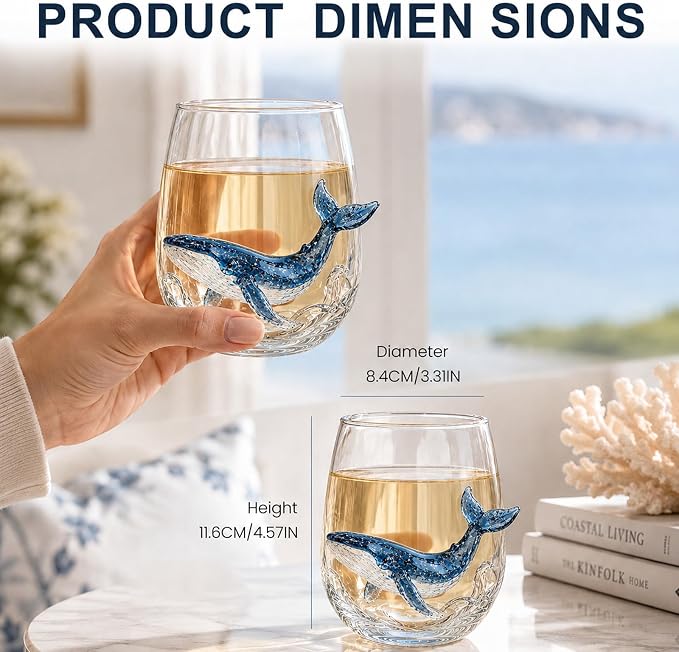 Coastal Stemless Wine Glasses Set of 4, 12oz 3D Ocean Animal Artisan Glassware Collection with Unique Sea Life Designs (B - Set of 1) - Image 3
