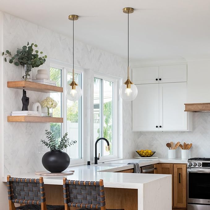 KCO Lighting Brass Gold Small 7.1” Clear Bubble Glass Globe Pendant Light | E26 Base, Sloped Ceiling, Mid Century Modern Adjustable Hanging Ceiling Lamp for Kitchen Island Sink Dining Table Bedroom Bar - Image 6