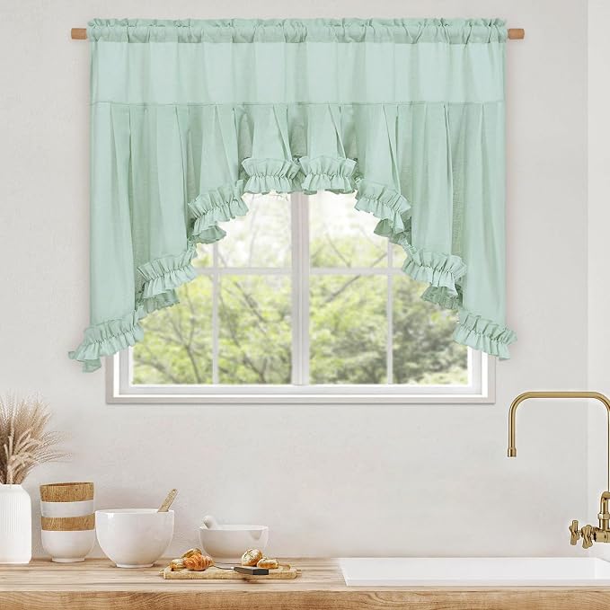 Likiyol Linen Valances for Windows Farmhouse Ruffle Swag Valance Rustic Country Window Valances Light Filtering Kitchen Curtains Rod Pocket Valance Curtains for Bathroom Cafe, Mint Green, 60"W x 36"L - Image 3