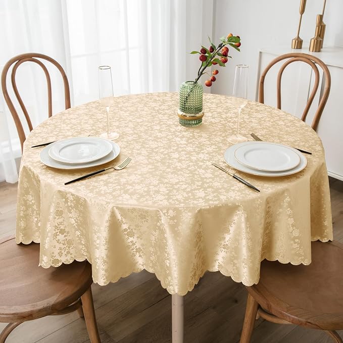 Smiry Round Waterproof Heavy Duty Vinyl Tablecloths, 60 x 60 Inch | Wipeable Washable Floral Embossed Table Cover for Kitchen and Dining Room, Indoor & Outdoor Use, Champagne by Smiry
