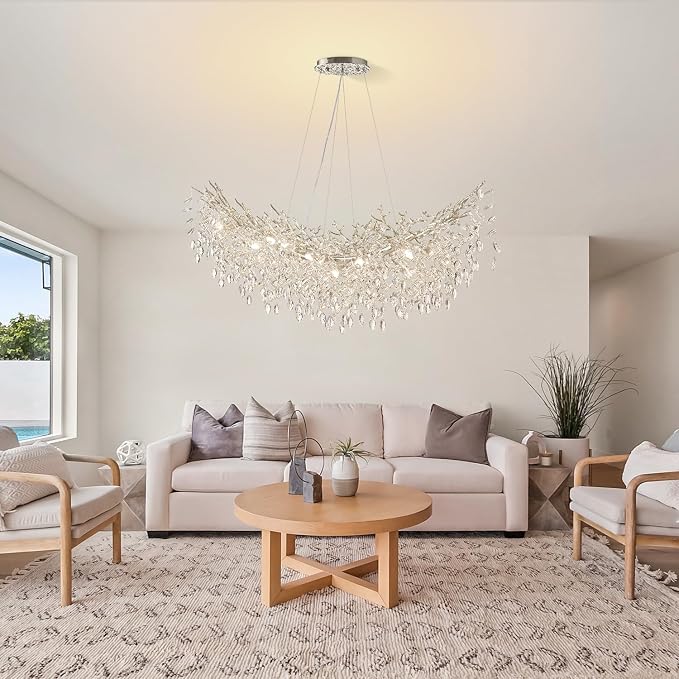 55" Crystal Tree Branch Chandelier Chrome Rectangular Chandelier | 16 Lights Luxury Raindrop Chandeliers Modern Hanging Pendant Light Fixtures for Dining Room Kitchen Island Living Room - Image 2