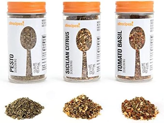 Allrecipes Italian Spice Blends (Pesto, Sicilian Citrus, Tomato Basil) in Glass Jars with Removable Sifter Caps for Sprinkling, Set of 3, Clear, 9.63 x 6.13 x 2-Inch by Allrecipes
