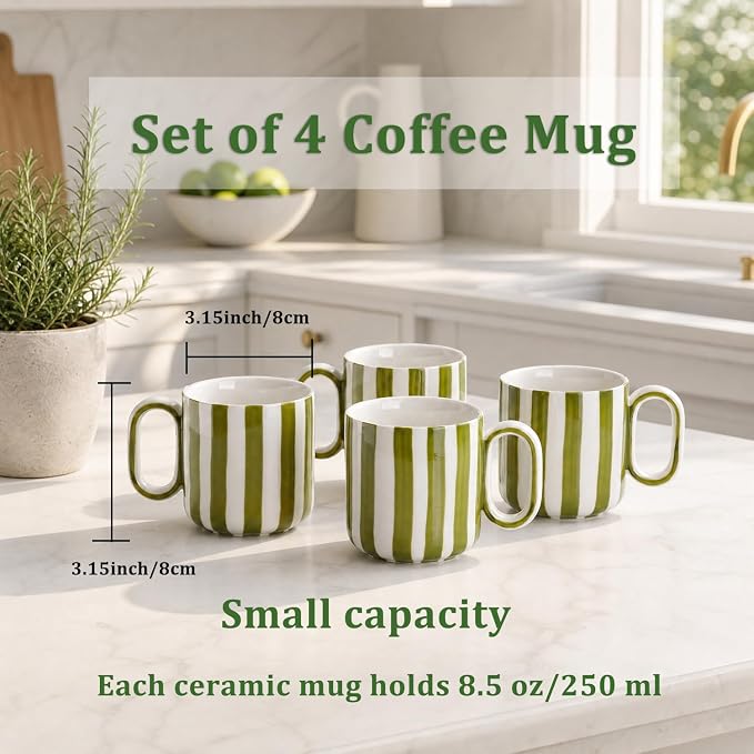 Ceramic Coffee Mugs Set of 4, 8.5 oz Stoneware Coffee Cups with Handle | Small Aesthetic Green Stripe Latte Tea Mug for Latte Tea Hot Chocolate, Microwave and Dishwasher Safe (8.5 oz) - Image 2