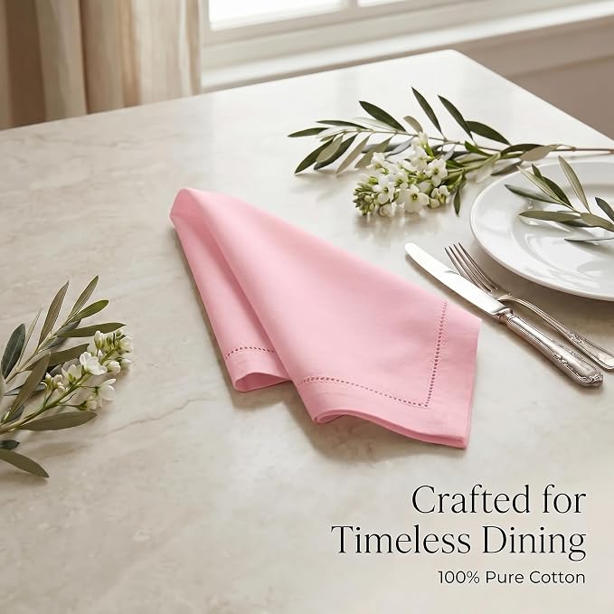 Urban Villa Hemstitch Cloth Dinner Napkins Cotton 20”x20” (Set of 12)-Pink - Image 8