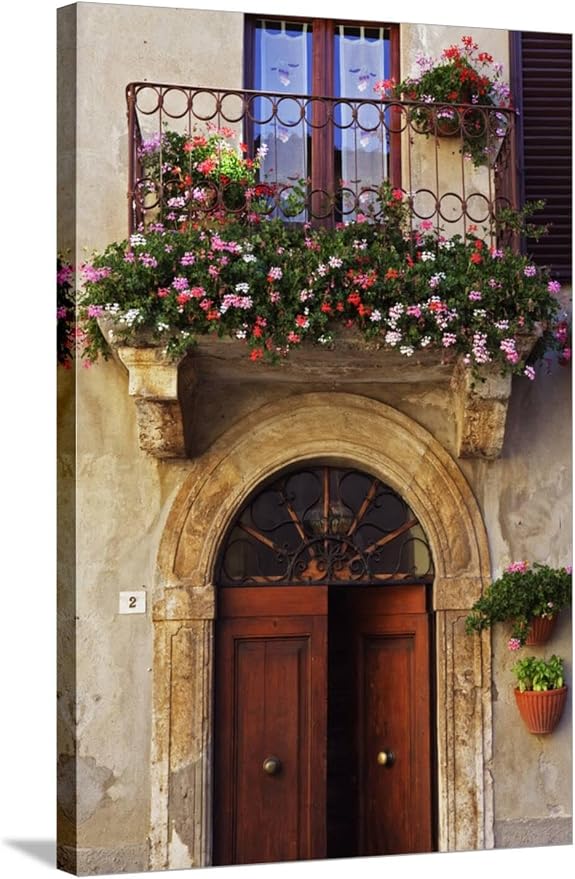 ART.COM Stretched Canvas Print Balcony Flowers and Doorway in Pienza Tuscany Italy by Julian Castle, 24" x 36" by ART