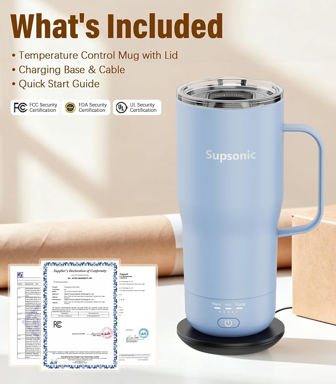 Supsonic Heated Coffee Mug Rechargeable, 20oz Long-Lasting Battery (S3) | Dry-burn protection, 2Hr auto-off, 3-Temp settings, Constant temperature, Inner stainless steel, Warm gift for men women - Image 8
