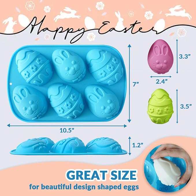 Egg Shape Silicone Molds 3.5 Inch, 2-Pack Chocolate Baking Holiday Easter Mould, Non-Stick BPA Free, Kid-Friendly Soap Mold Rabbit & Floral Designs, Blue & Pink - Image 5