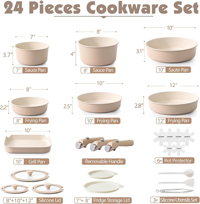 SENSARTE 24 Piece Ceramic Detachable Handle Pots and Pans Set Almond Beige | Ceramic Cookware Set, Induction Cookware Set with Removable Handle, Healthy Non Stick for RV, Dishwasher ＆ Oven Safe - Image 2