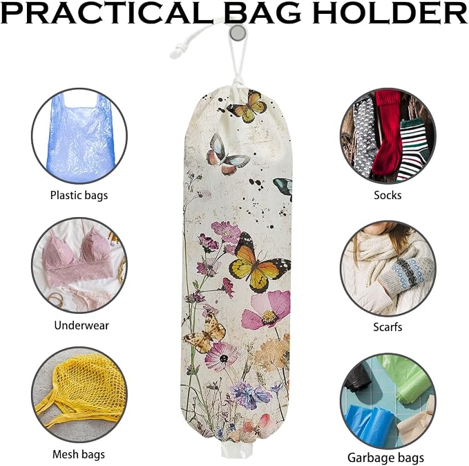 2 Pcs Vintage Floral Plastic Bag Holder, Wall Mount Trash Bag Holder | Summer Floral Colorful Butterfly Reusable Grocery Bags Storage Dispenser for Home Kitchen Pantry, Butterfly Gifts for Women - Image 3