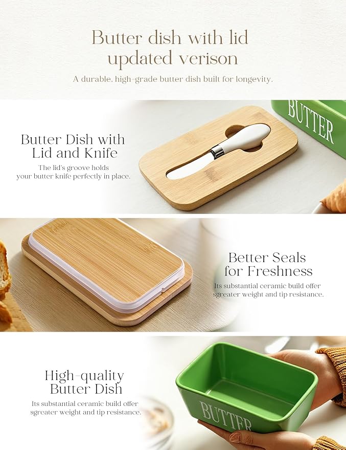 Ceramic Butter Dish with Lid and Knife & Silicone Seal for Countertop Green | Suitable Capacity, Great Sealing, Home Decor Kitchen Gift Housewarming Gift - Image 4