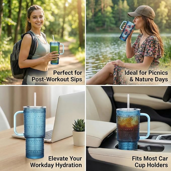 20 oz Blue Glass Tumbler with Lid and Straw, Glass Iced Coffee Cups, Spill-proof Glasses Tumbler with Handle, Glasses Drinking Set of 2, Vintage Glassware for Cocktail, Smoothies - Image 5