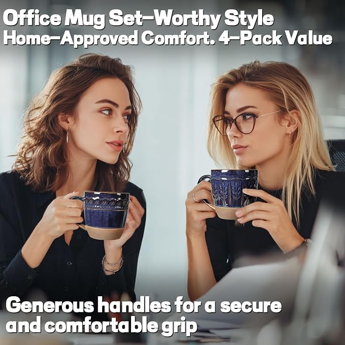 Artena Ceramic Coffee Mugs Set of 4, 16oz Embossed Large Latte Mugs Coffee Cups with Handle for Tea, Latte, Cappuccino & Cocoa, Milk Dishwasher & Microwave Safe, Blue (Pinwheel Flower) - Image 6